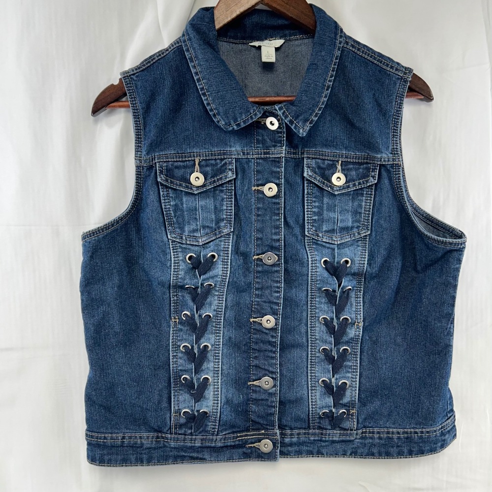 Est. 1946 Denim Vest Womens Large Dark Wash Lace Up Front Button Down